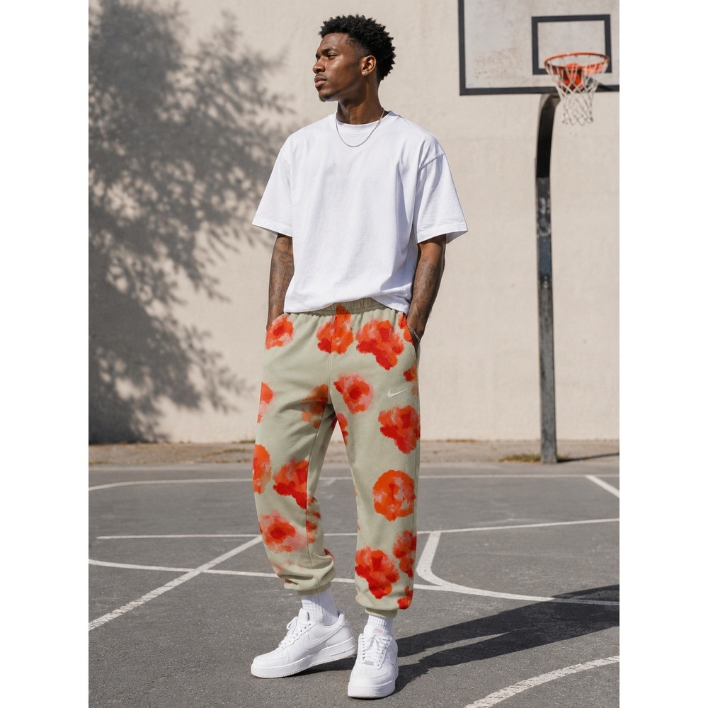Nike Sportswear Club Men's Large Floral Print Fleece Joggers Sage Orange Swoosh